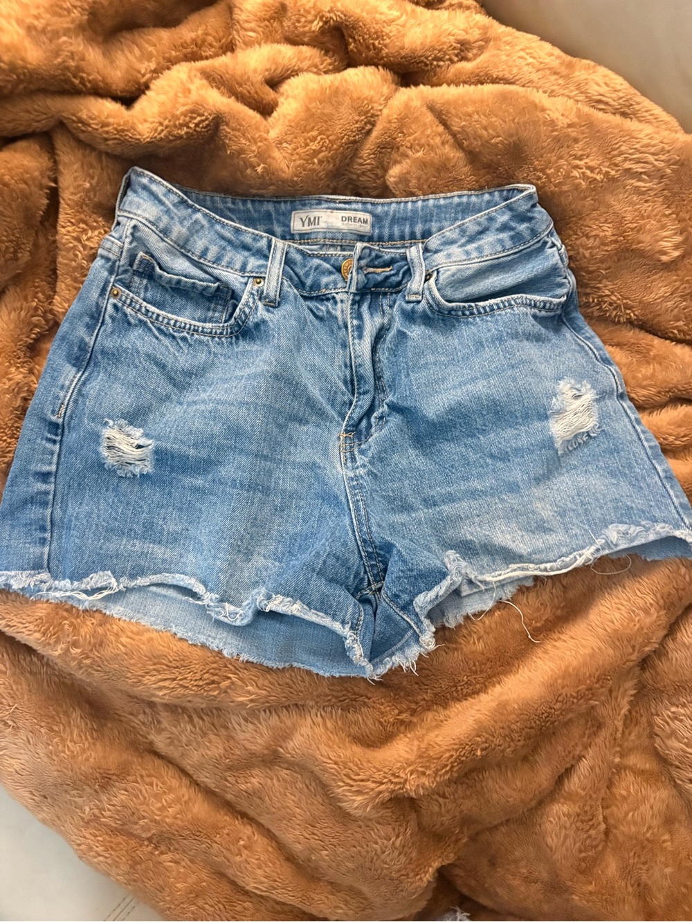 YMI Light Blue Distressed High-Rise Jean Shorts